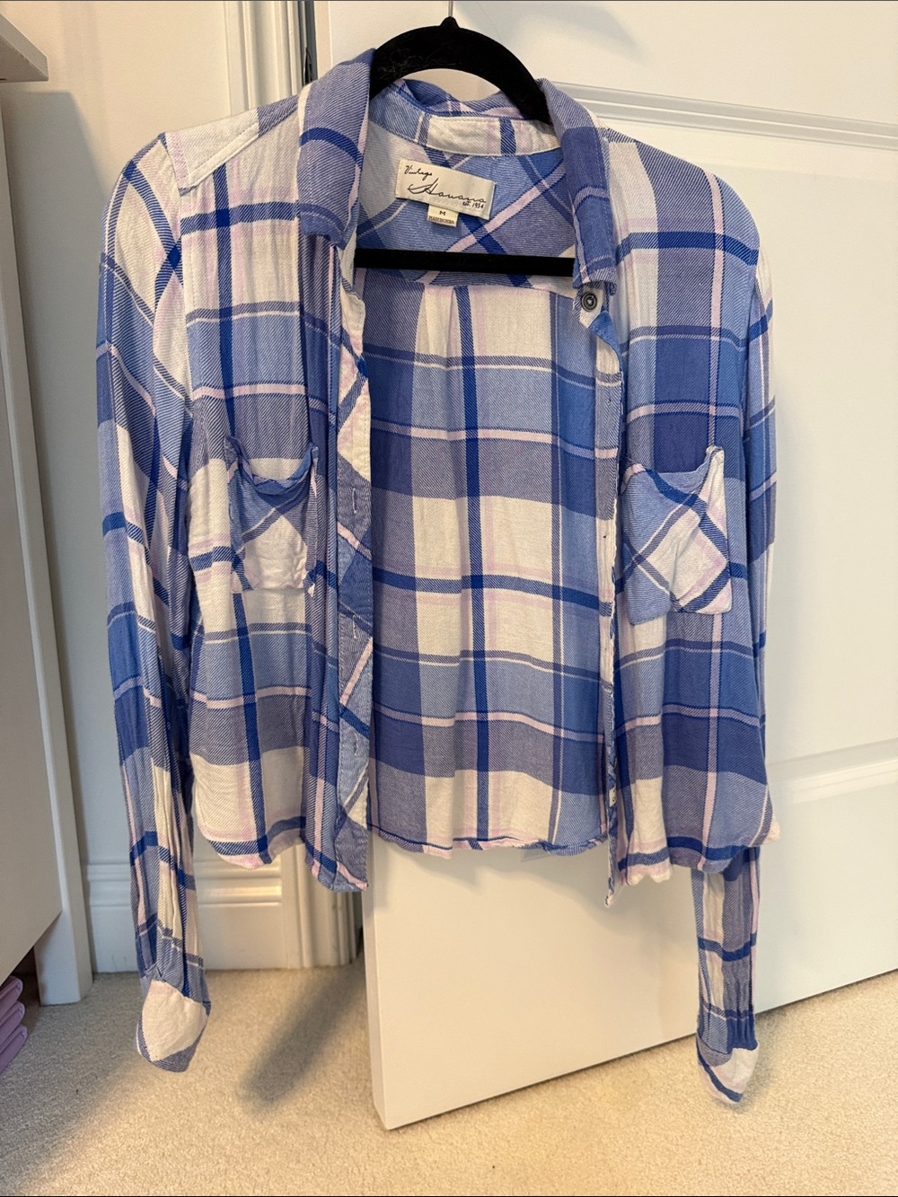 Vintage Havana Cropped Button Up Blue & Pink Plaid Shirt